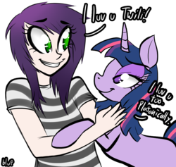 Size: 849x804 | Tagged: safe, artist:blup-chan, twilight sparkle, human, g4, dialogue, duo, hug, love, simple background, smiling, transparent background