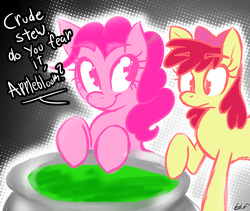 Size: 1280x1082 | Tagged: safe, artist:blup-chan, apple bloom, pinkie pie, friendship is witchcraft, pinkie's brew, g4, cauldron, cute from the hip, dialogue, duo, potion