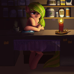 Size: 800x800 | Tagged: safe, artist:kevinsano, oc, oc only, oc:tea leaf, earth pony, pony, bedroom eyes, book, candle, jar, shop, shopkeeper, sitting, smiling, solo, store, tea, watching