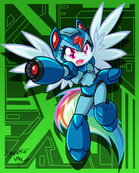 Size: 1604x2000 | Tagged: safe, artist:danmakuman, rainbow dash, g4, crossover, female, mega man (series), parody, solo