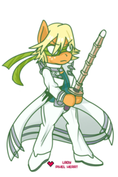 Size: 1334x2007 | Tagged: safe, artist:ladypixelheart, applejack, earth pony, anthro, g4, clothes, cosplay, costume, female, kendo, kill la kill, parody, shinai, simple background, solo, uzu sanageyama