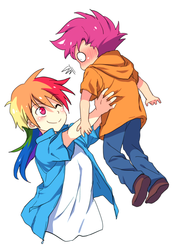 Size: 630x905 | Tagged: safe, artist:re_ghotion, rainbow dash, scootaloo, human, humanized, lifting