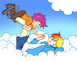 Size: 951x745 | Tagged: dead source, safe, artist:re_ghotion, rainbow dash, scootaloo, human, g4, cloud, cloudy, humanized, on back, playing, scootalove