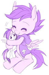 Size: 410x634 | Tagged: dead source, safe, artist:re_ghotion, rainbow dash, scootaloo, pegasus, pony, g4, blushing, clothes, eyes closed, female, filly, foal, hug, monochrome, plushie, rainbow dash plushie, simple background, sitting, solo, spread wings, white background, wings
