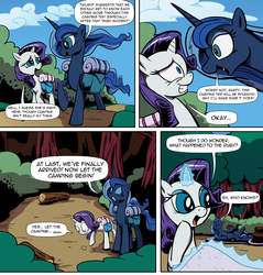 Size: 3000x3140 | Tagged: safe, artist:lovelyneckbeard, princess luna, rarity, alicorn, pony, unicorn, g4, bush, cake, camping, comic, day, forest, high res, missing accessory, tree