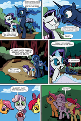 Size: 3000x4500 | Tagged: safe, artist:lovelyneckbeard, apple bloom, princess luna, rarity, scootaloo, sweetie belle, alicorn, earth pony, pegasus, pony, unicorn, comic:camping trip, g4, bush, cake, camping, camping trip, comic, cutie mark crusaders, day, female, filly, foal, forest, gem, i can't believe it's not idw, looking up, mare, missing accessory, outdoors, ruby, shadow, speech bubble
