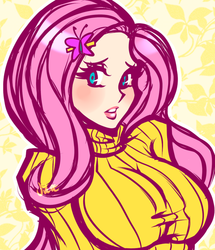 Size: 600x698 | Tagged: dead source, safe, artist:juurikun, fluttershy, human, g4, big breasts, blushing, breasts, busty fluttershy, clothes, female, humanized, looking at you, solo, sweater, sweater puppies, sweatershy, turtleneck, vacuum sealed clothing