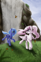 Size: 1000x1500 | Tagged: safe, artist:santagiera, princess celestia, princess luna, alicorn, butterfly, pony, g4, cewestia, female, filly, grass, looking back, mare, open mouth, outdoors, ponytail, running, smiling, waterfall, woona, younger