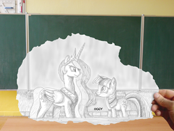 Size: 3648x2736 | Tagged: safe, artist:oggynka, princess celestia, twilight sparkle, human, g4, classroom, hand, high res