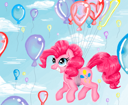 Size: 2496x2060 | Tagged: safe, artist:mlpdarksparx, pinkie pie, earth pony, pony, g4, balloon, cloud, cute, diapinkes, female, floating, flying, grin, happy, high res, ms paint, smiling, solo, then watch her balloons lift her up to the sky