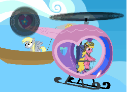 Size: 550x400 | Tagged: safe, edit, screencap, cherry berry, derpy hooves, pegasus, pony, g4, testing testing 1-2-3, airship, animated, aviator hat, boat, female, flag, flying, hat, helicopter, mare, motorboat, muffin, pedalcopter, pun, wat
