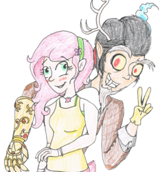 Size: 659x678 | Tagged: safe, artist:erynerikard, discord, fluttershy, human, g4, belated, female, humanized, male, ship:discoshy, shipping, straight, traditional art, valentine's day