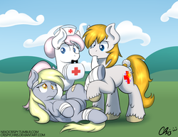 Size: 3960x3060 | Tagged: safe, artist:nekocrispy, derpy hooves, nurse redheart, oc, earth pony, pegasus, pony, g4, bandage, bandaid, colored pupils, first aid, first aid kit, high res, injured, nurse, on back, trio