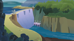 Size: 1920x1079 | Tagged: safe, screencap, g4, the mysterious mare do well, background, dam, hydroelectric dam, no pony, pony removed, scenery, tesla coil