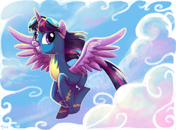Size: 900x665 | Tagged: safe, artist:yulyeen, twilight sparkle, alicorn, pony, g4, cloud, cloudy, female, flying, grin, looking at you, mare, smiling, solo, spread wings, twilight sparkle (alicorn), wonderbolts, wonderbolts uniform, wondersparkle