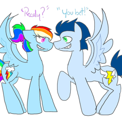 Size: 2000x2000 | Tagged: safe, artist:eqqz, rainbow dash, soarin', g4, alternate hairstyle, dialogue, female, high res, male, old cutie mark, ponytail, ship:soarindash, shipping, straight