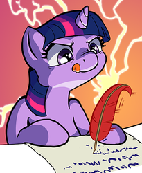 Size: 400x488 | Tagged: safe, artist:muffinshire, twilight sparkle, comic:twilight's first day, g4, female, ink, lightning, magic, quill, scroll, solo, wip, writing