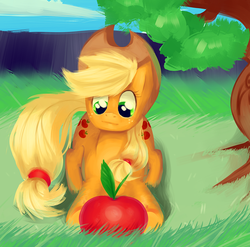 Size: 703x694 | Tagged: safe, artist:pwn-ee, applejack, g4, apple, female, grass, prone, solo