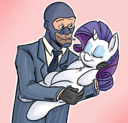 Size: 736x707 | Tagged: safe, artist:hamflo, rarity, pony, unicorn, g4, crossover, holding a pony, spy, spy (tf2), team fortress 2