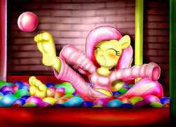 Size: 1519x1097 | Tagged: safe, artist:xptzstudios, fluttershy, anthro, plantigrade anthro, g4, ball pit, barefoot, belly button, blushing, clothes, cute, feet, female, midriff, pajamas, soles, solo, toes
