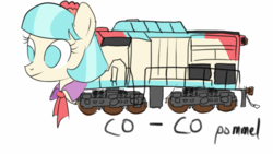 Size: 1280x720 | Tagged: artist needed, safe, coco pommel, train pony, g4, female, locomotive, pun, sketchbook mobile, solo, this isn't even my final form, train, visual pun, what has science done