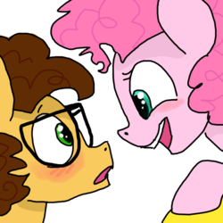 Size: 894x894 | Tagged: safe, artist:spiralslipstream, cheese sandwich, pinkie pie, blushing, cheesepie, female, glasses, holding hooves, male, nervous, shipping, shy, smiling, straight