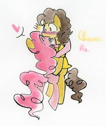 Size: 820x975 | Tagged: safe, artist:rainbowlover001, cheese sandwich, pinkie pie, g4, blushing, female, heart, hug, male, ship:cheesepie, shipping, shocked, smiling, straight, traditional art