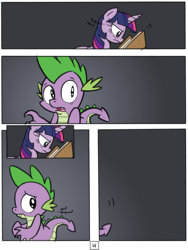 Size: 4757x6332 | Tagged: safe, artist:redapropos, spike, twilight sparkle, alicorn, pony, comic:maybe later spike, g4, absurd resolution, book, comic, feels, female, frown, glare, mare, reading, sad, spikeabuse, twilight sparkle (alicorn), wide eyes