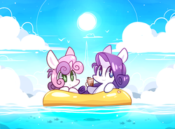 Size: 1280x940 | Tagged: safe, artist:php56, rarity, sweetie belle, fish, pony, unicorn, g4, chibi, cute, female, filly, impossibly large ears, mare, ocean, raft