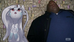 Size: 599x337 | Tagged: safe, artist:celerypony, edit, oc, oc only, oc:celery, pony, unicorn, :o, breaking bad, floppy ears, huell babineaux, money, on back, open mouth, underhoof