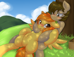 Size: 1280x996 | Tagged: safe, artist:average-hanzo, spitfire, oc, oc:chocolate chips, earth pony, pegasus, pony, g4, belly, belly button, blushing, canon x oc, clover, cuddling, cute, featureless crotch, female, firechips, four leaf clover, freckles, grass, hug, hug from behind, love, male, mare, shade, shipping, snuggling, stallion, straight, tongue out, tree