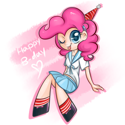 Size: 3000x3000 | Tagged: dead source, safe, artist:suzuii, pinkie pie, human, g4, :p, abstract background, clothes, colored pupils, cute, female, happy birthday, heart, high res, humanized, looking at you, sailor uniform, school uniform, schoolgirl, sitting, smiling, solo, tongue out, wink