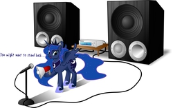 Size: 1643x1030 | Tagged: safe, artist:chiekku, princess luna, g4, amplifier, female, megaphone, microphone, solo, speaker, spread wings, this will end in deafness, this will end in pain, traditional royal canterlot voice, uh oh, xk-class end-of-the-world scenario