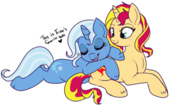 Size: 663x400 | Tagged: safe, artist:lulubell, sunset shimmer, trixie, pony, unicorn, g4, blushing, butthug, cuddling, duo, eyes closed, female, lesbian, mare, open mouth, open smile, prone, ship:suntrix, shipping, simple background, smiling, snuggling, transparent background, unshorn fetlocks
