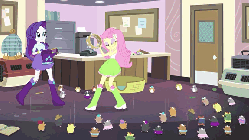 Size: 576x324 | Tagged: safe, screencap, fluttershy, rarity, hamster, equestria girls, g4, hamstocalypse now, my little pony equestria girls: rainbow rocks, animated, backpack, basket, boots, bracelet, clothes, female, high heel boots, jewelry, musical instrument, skirt, socks, tambourine