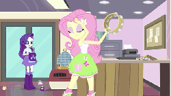 Size: 576x324 | Tagged: safe, screencap, fluttershy, rarity, hamster, equestria girls, g4, hamstocalypse now, my little pony equestria girls: rainbow rocks, animated, backpack, boots, bracelet, clothes, dancing, female, high heel boots, jewelry, musical instrument, skirt, socks, tambourine