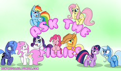 Size: 1500x886 | Tagged: safe, artist:askthefillies, applejack, fluttershy, pinkie pie, princess celestia, princess luna, rainbow dash, rarity, trixie, twilight sparkle, alicorn, pony, ask the fillies, g4, ask, boop, cewestia, cute, eye contact, eyes closed, female, filly, flying, frown, grin, grumpy, looking at you, mane six, mare, open mouth, oversized hat, raised eyebrow, raised hoof, self-boop, smiling, smirk, squee, surprised, tumblr, twilight sparkle (alicorn), twin, unamused, waving, wide eyes, woona