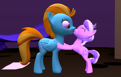 Size: 1600x1024 | Tagged: safe, artist:viranimation, diamond tiara, lightning dust, pegasus, pony, g4, 3d, age difference, confused, crack shipping, diamondust, duo, eyes closed, female, filly, foal, gmod, kiss on the lips, kissing, lesbian, mare, shipping, surprise kiss
