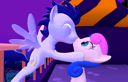 Size: 1600x1024 | Tagged: dead source, safe, artist:viranimation, bon bon, soarin', sweetie drops, earth pony, pegasus, pony, g4, 3d, duo, eyes closed, female, gmod, male, mare, old cutie mark, shipping, soarbon, stallion