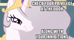 Size: 908x494 | Tagged: safe, artist:dtkraus, edit, princess celestia, princess molestia, g4, bedroom eyes, check your privilege, drama, female, looking at you, solo