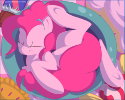 Size: 1024x824 | Tagged: dead source, safe, artist:dynamo-deepblue, pinkie pie, g4, back twist, bowl, chocolate, eyes closed, female, pie, sleeping, smiling, solo, underhoof