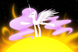 Size: 6000x4000 | Tagged: safe, artist:flamevulture17, princess celestia, g4, balancing, cute, cutelestia, female, happy, pink mane, pink-mane celestia, raised hoof, raised leg, smiling, solo, space, spread wings, sun, tangible heavenly object, walking on sunshine