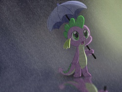 Size: 2048x1536 | Tagged: safe, artist:littleovertures, spike, g4, male, rain, solo, umbrella