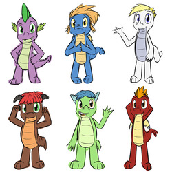 Size: 1280x1280 | Tagged: safe, artist:fuzebox, spike, oc, oc:barius, oc:magma, oc:mangle, oc:sharp, oc:snort, dragon, g4, baby dragon, cute, male, spike's journey