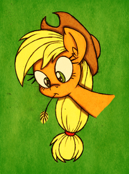 Size: 447x600 | Tagged: safe, artist:dfectivedvice, artist:thepolymath, applejack, g4, colored, female, looking down, perplexed, portrait, solo