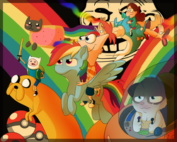 Size: 5000x4000 | Tagged: safe, artist:fj-c, rainbow dash, human, g4, adventure time, all hail the saviors of american cartoons, aoshima, crossover, finn the human, gravity falls, humans riding ponies, jake the dog, mabel pines, male, mass crossover, mega crossover, nyan cat, onwards aoshima, phineas and ferb, phineas flynn, poké ball, pokémon, ride, rider, riding, the inconveniencing, trollface