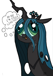 Size: 704x1000 | Tagged: safe, artist:abronyaccount, queen chrysalis, changeling, changeling queen, g4, :p, :t, colored, derp, female, hey you, smiling, solo, thought bubble, tongue out