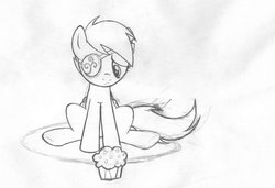 Size: 1024x700 | Tagged: safe, artist:kakyou-dreams, derpy hooves, pegasus, pony, g4, female, general derpy, mare, monochrome, muffin, sad, solo, traditional art