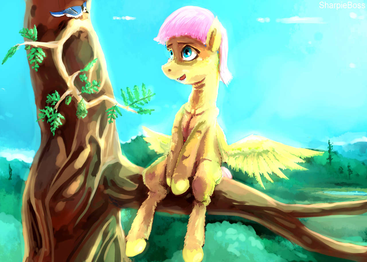 #598431 - safe, artist:sharpieboss, fluttershy, bird, g4, flutterguy ...