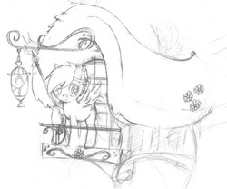 Size: 760x632 | Tagged: safe, artist:kakyou-dreams, balcony, cute, derpabetes, eyepatch, general derpy, library, monochrome, sketch, solo, traditional art